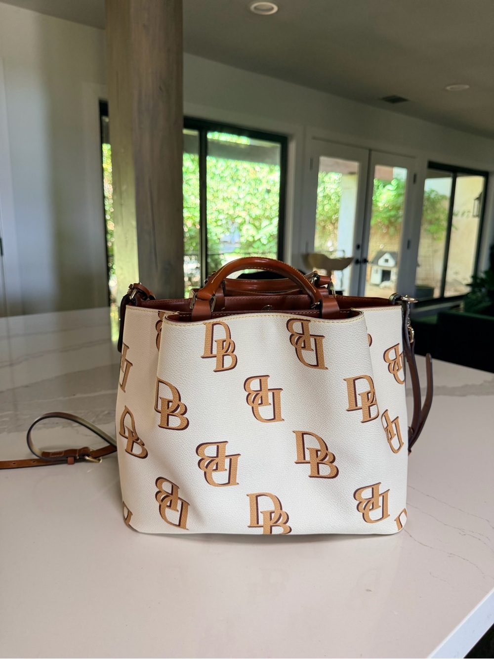 Dooney & Bourke Cream Satchel with Brown Logo Print